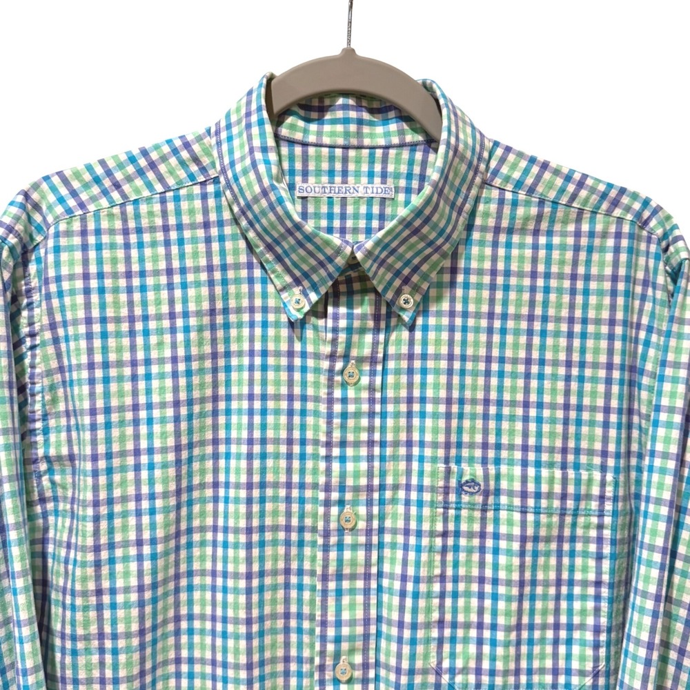 Southern Tide Button Down Shirt Plaid Checkered Green‎ Blue Cotton Mens Large